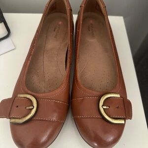 Clarks Tan Leather Flats with Gold Buckle